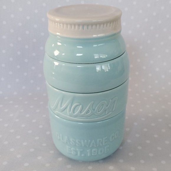 World Market Blue Ceramic Mason Jar Inspired Stackable Measuring Cups w/Lid - Picture 5 of 11